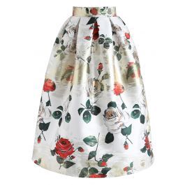 Vivid Rose Printed A-Line Midi Skirt in White | Chicwish