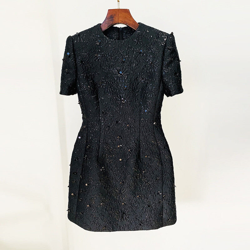 Runway Short Sleeve Dress Womens Beaded Sequins Lapel Collar Coat Jacquard Suits | eBay US