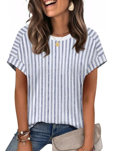 WIHOLL Womens Tops Summer Outfits Spring Clothing Short Sleeve Tshirts Shirts 2026 Trendy Dressy Business Casual Blouses Blue Stripes S | Amazon (US)