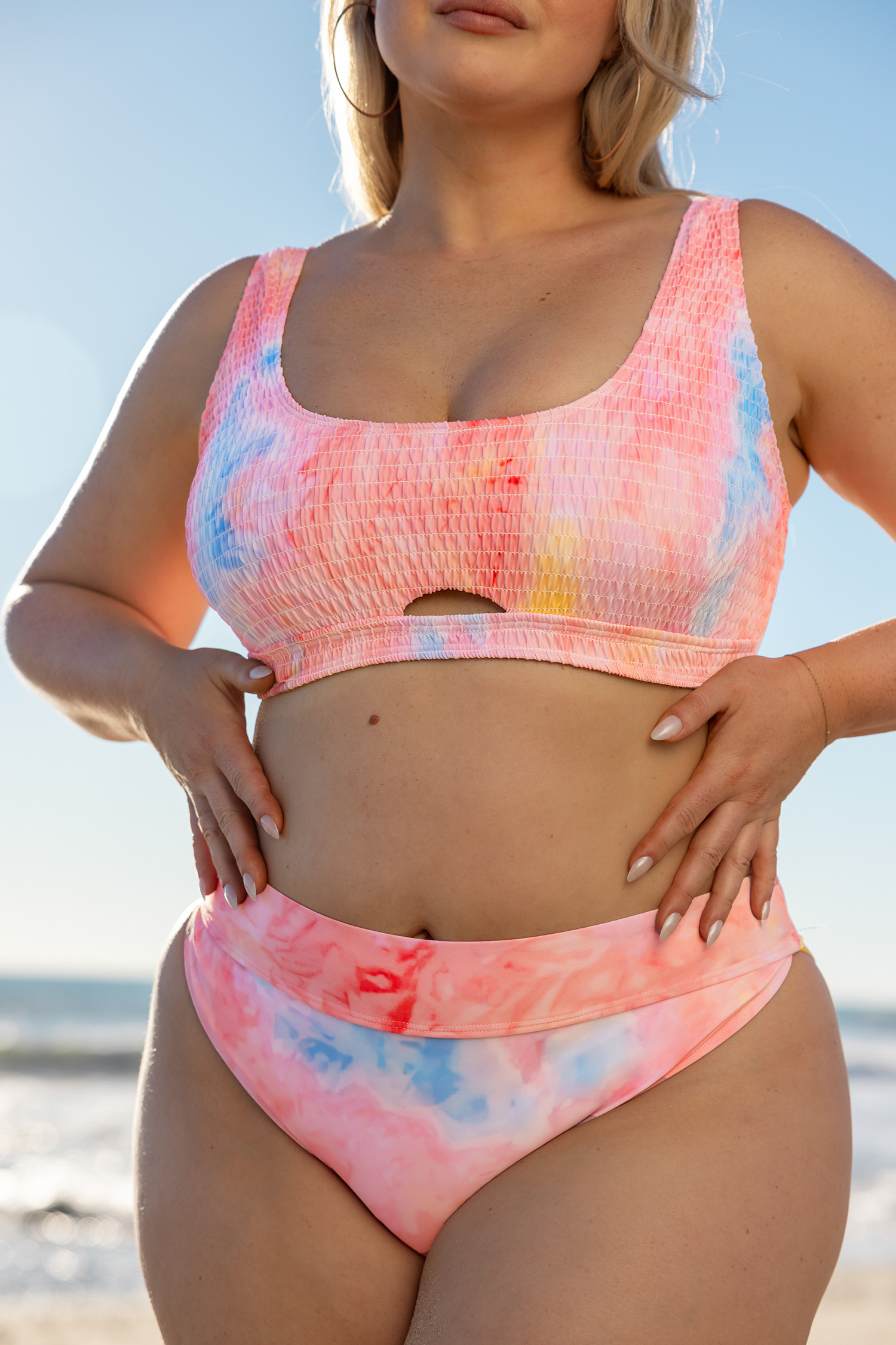 NewX Iskra Pink Tie Dye Smocked Bikini Top & High-Rise Bottoms Set | Cupshe US