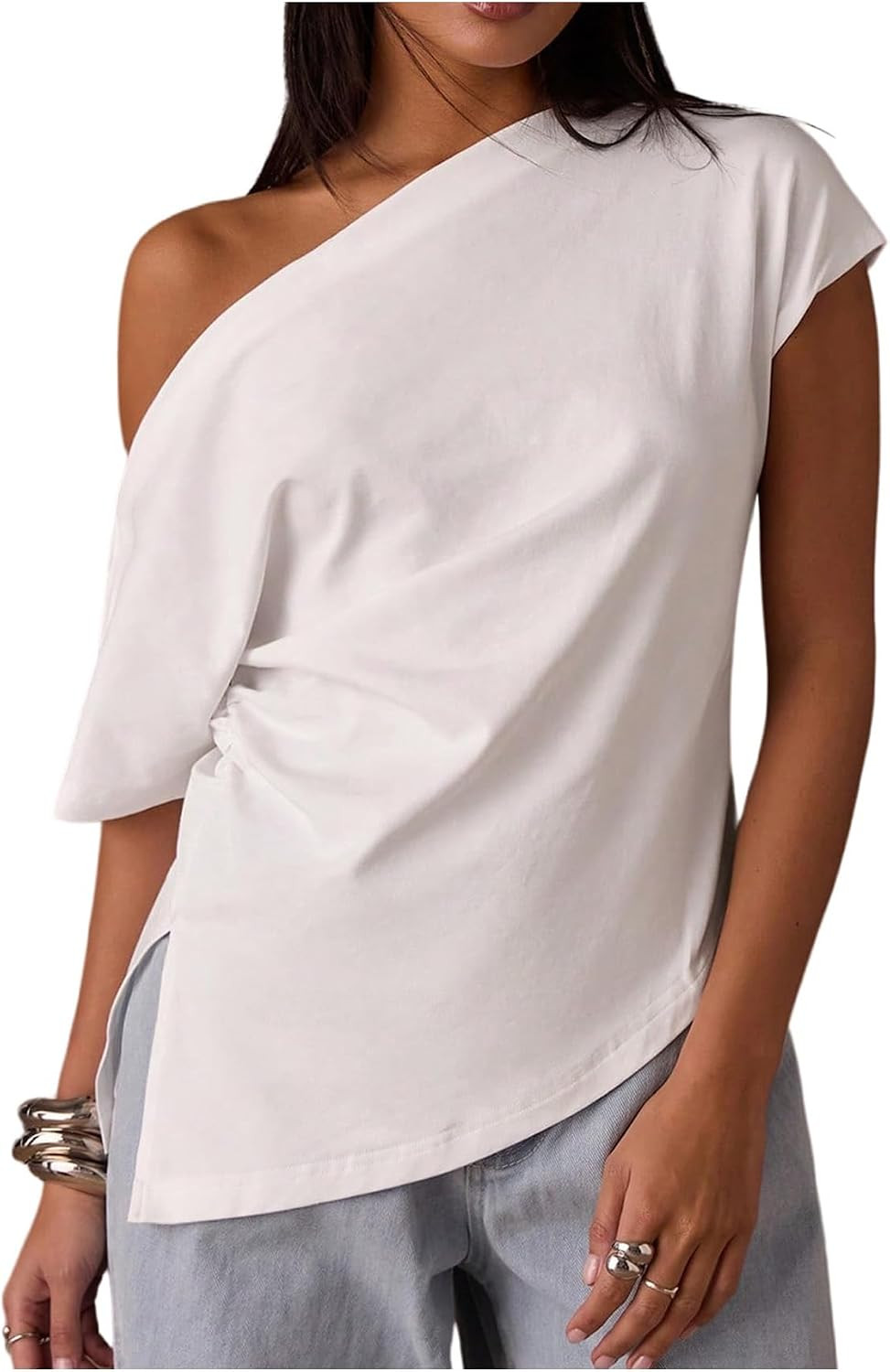 OYOANGLE Off The Shoulder Tops for Women Asymmetrical Y2K Going Out T Shirt | Amazon (US)