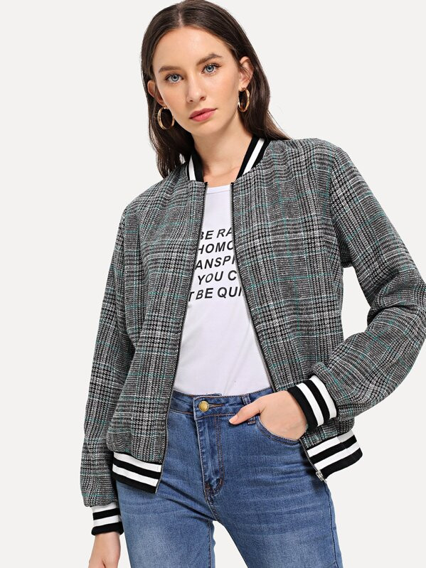 Varsity Striped Plaid Jacket | SHEIN