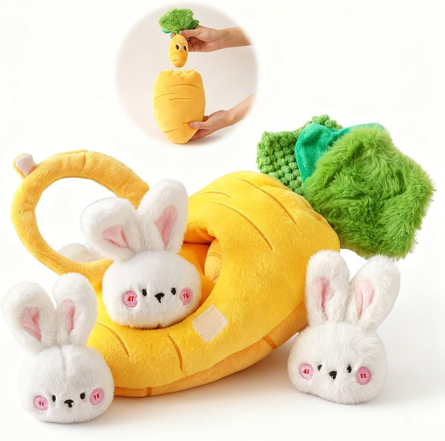 Sensory Carrot House Toy for Babies - Plush Montessori Toy with Mirror, 3 Bunny Rattles & Pull-Ou... | Amazon (US)
