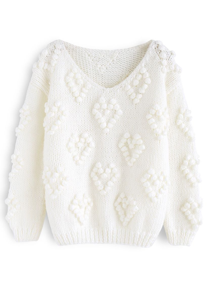 Knit Your Love V-Neck Sweater in White | Chicwish