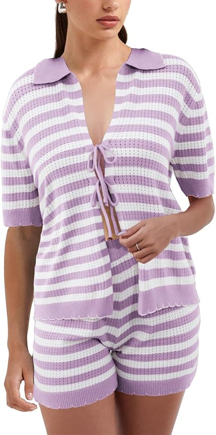 Womens 2 Piece Pajama Set Striped Knit Lounge Sets Short Sleeve Tie Front Top and Shorts Set 2025... | Amazon (US)