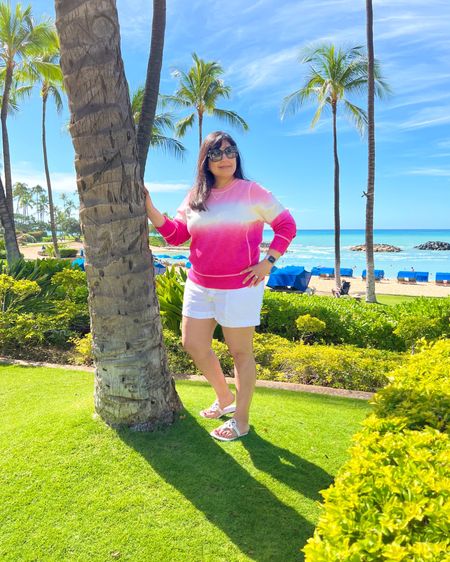 Tommy Bahama Tobago Bay Crew neck sweatshirt size large. Athleta Cabo white linen shorts size 12. Tory Burch Miller Soft Sandals true to size. Gucci sunglasses.

#liketkit @shop.ltk https://liketk.it/3WOuu

Vacation style, resort wear, beach vacation outfit idea, Hawaii outfit idea, beach sweatshirt, white linen shorts, white pull-on shorts, vacation outfit idea, tropical vacation outfit idea


#LTKstyletip #LTKtravel #LTKGiftGuide