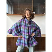 Vintage Fuzzy Plaid Coat in Purple & Blue, Vintage Cape | Etsy (US)