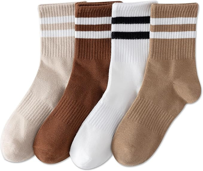 YUWELL Womens Striped Crew Socks, Cotton Cozy Casual Socks for Women 4 Pairs, Size 5-10 | Amazon (US)