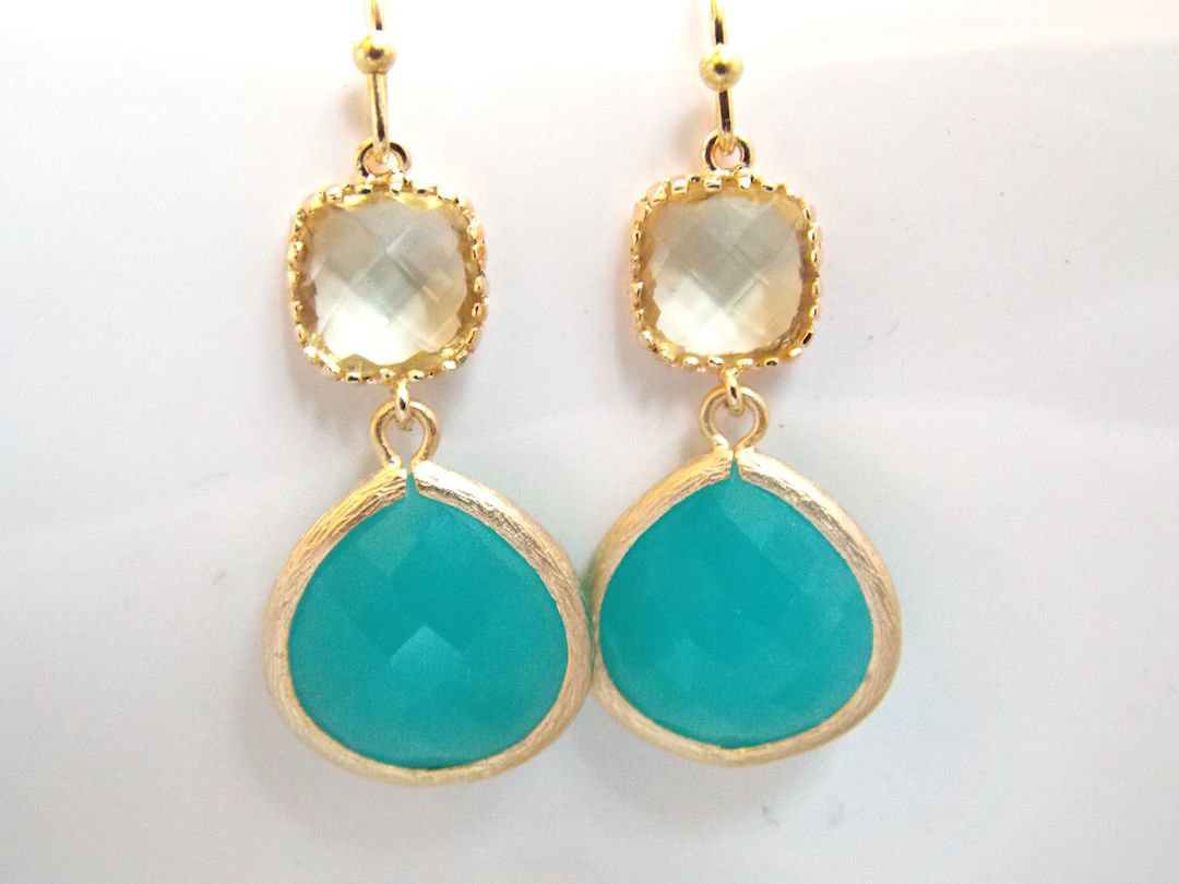 Aqua Blue Earrings, Mint Blue, Yellow Earrings, Gold Earrings, Wedding, Bridesmaid Earrings, Brid... | Etsy (US)