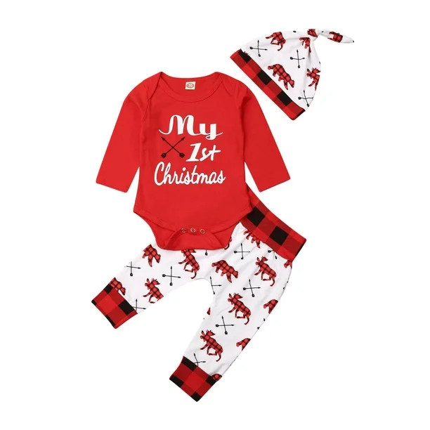 Xmas 3Pcs Clohes for Newborn Baby Girls Boys Outfits My 1st Christmas Red Long Sleeve Romper Tops... | Walmart (US)