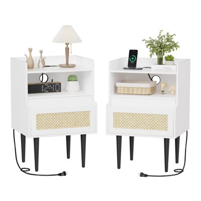 Set of 2 Rattan Nightstands, Boho Bedside Tables with Drawer & Open Shelf, Solid Wood Legs for Bedroom | Target