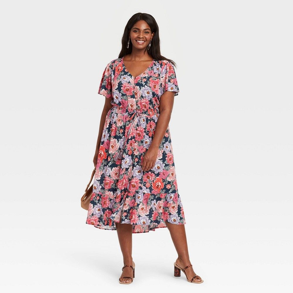 Women's Plus Size Floral Print Flutter Short Sleeve Dress - Knox Rose Coral 1X, Pink | Target