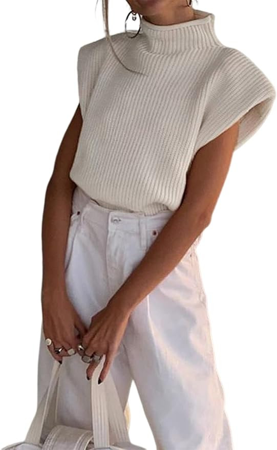 Women's Knit Sweater Vest Sleeveless Shoulder Pad Turtleneck Pullover Solid Knitted Top | Amazon (US)