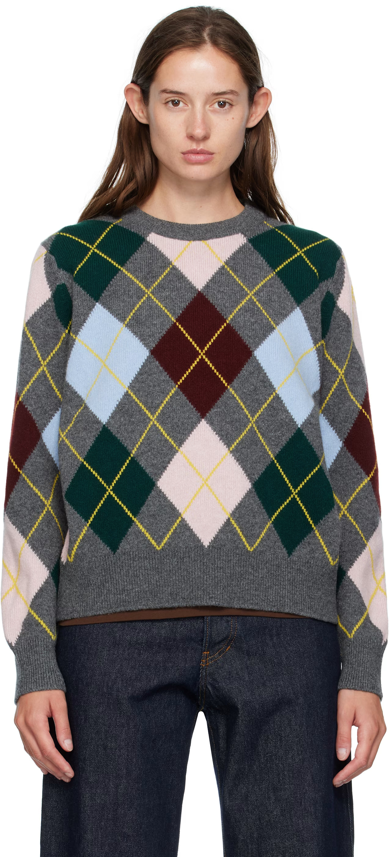Gray Ava Argyle Crewneck Sweater | SSENSE