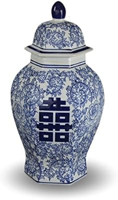 Festcool 14" Classic Blue and White Porcelain Floral Temple Ginger Jar Vase, China Ming Style, Ji... | Amazon (US)