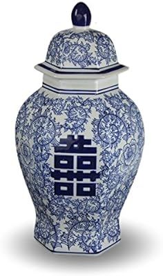 Festcool 14" Classic Blue and White Porcelain Floral Temple Ginger Jar Vase, China Ming Style, Ji... | Amazon (US)