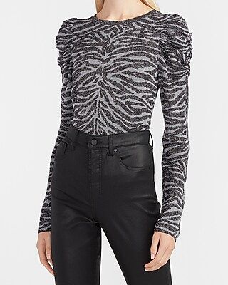 Metallic Zebra Ruched Puff Sleeve Sweater | Express