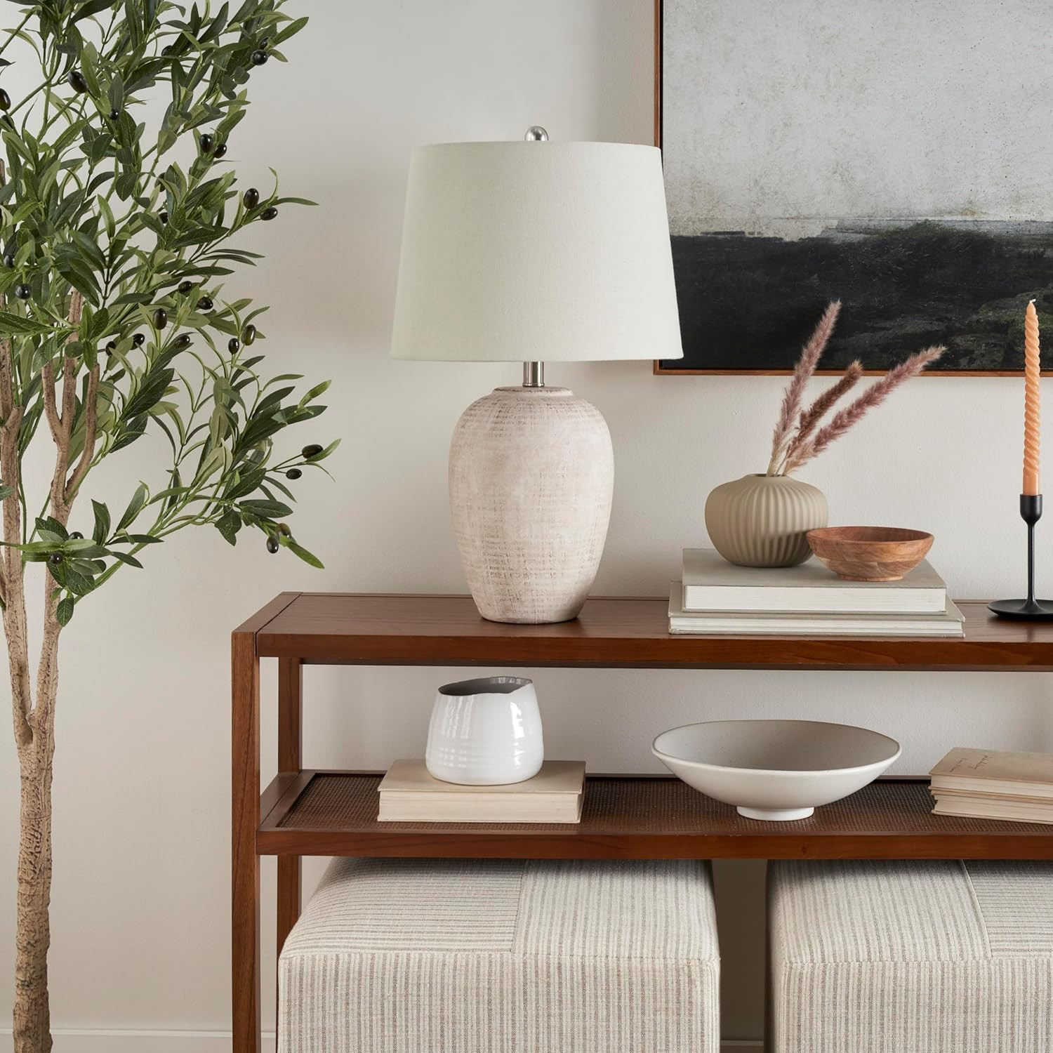 Nourison Home 23" Distressed Cream/Beige Rustic Ceramic Jar Table Lamp for Bedroom, Living Room, ... | Amazon (US)