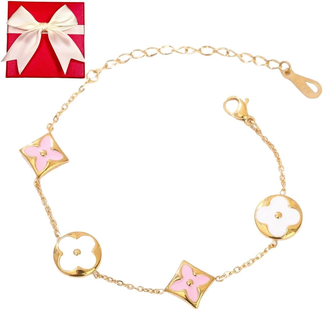 Women's Bracelet, Stainless Steel 18K, Four Leaf Clover, Lucky Charm, Floral Design, Pink,White, ... | Amazon (US)