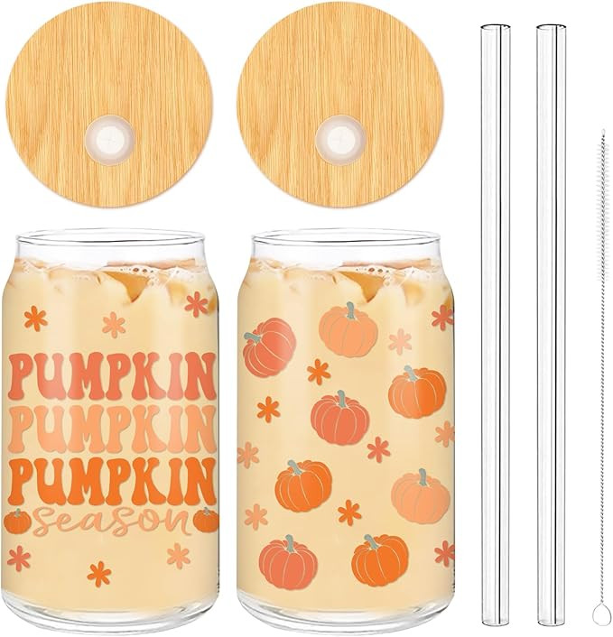 Whaline 2 Pack Fall Drinking Glasses 16oz Pink Pumpkin Flower Glass Cup Fall Harvest Iced Coffee ... | Amazon (US)