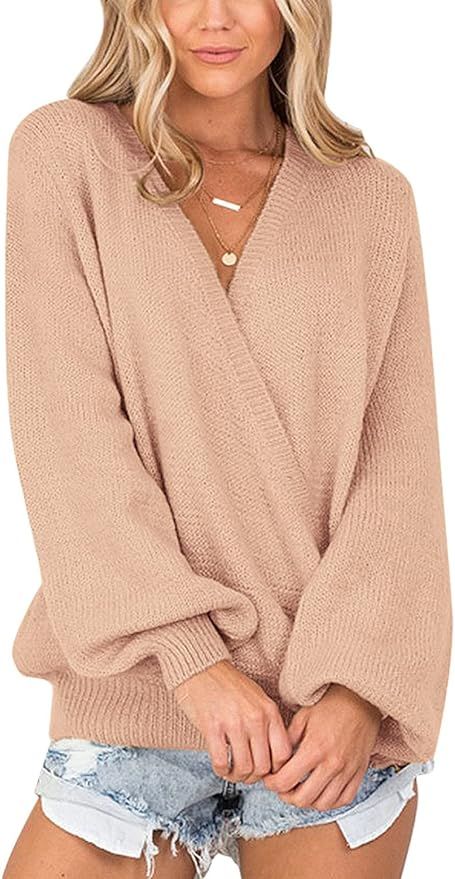LookbookStore Women's Knit Long Sleeve Faux Wrap Surplice V Neck Sweater Top | Amazon (US)