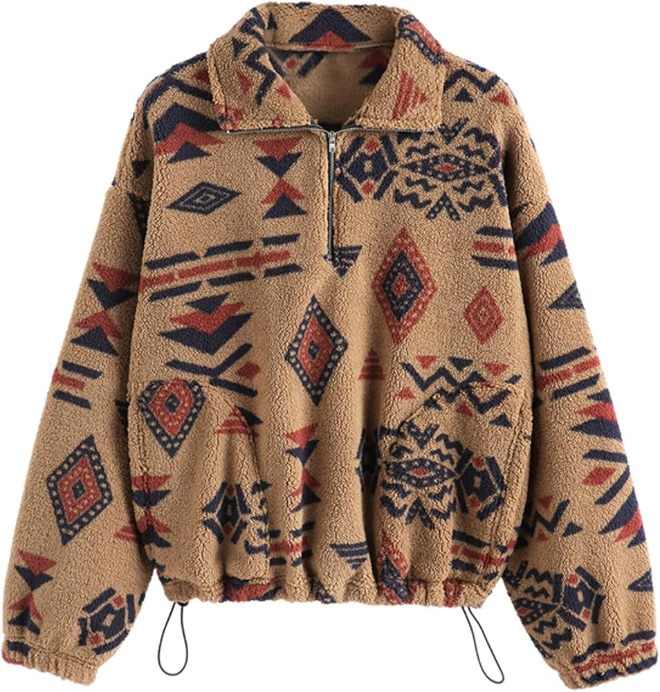 ZAFUL Women's Fashion Long Sleeve Lapel Half Zip Plain Faux Fur Sweatshirt Solid Color Crop Pullo... | Amazon (US)