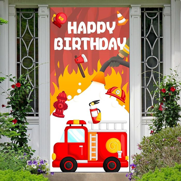 Firetruck Happy Birthday Banner Backdrop Red Firetruck Safety Equipment Fire Rescue Theme Front D... | Amazon (US)