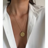 Gold Plated Medallion Necklace, Dainty Coin Pendant On Twisted Chain | Etsy (US)
