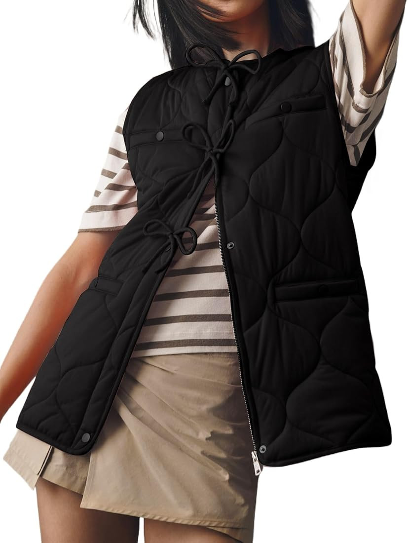 Women Quilted Puffer Vest Winter Bow Button Down Collarless Lightweight Padded Vest Coat Outerwea... | Amazon (US)