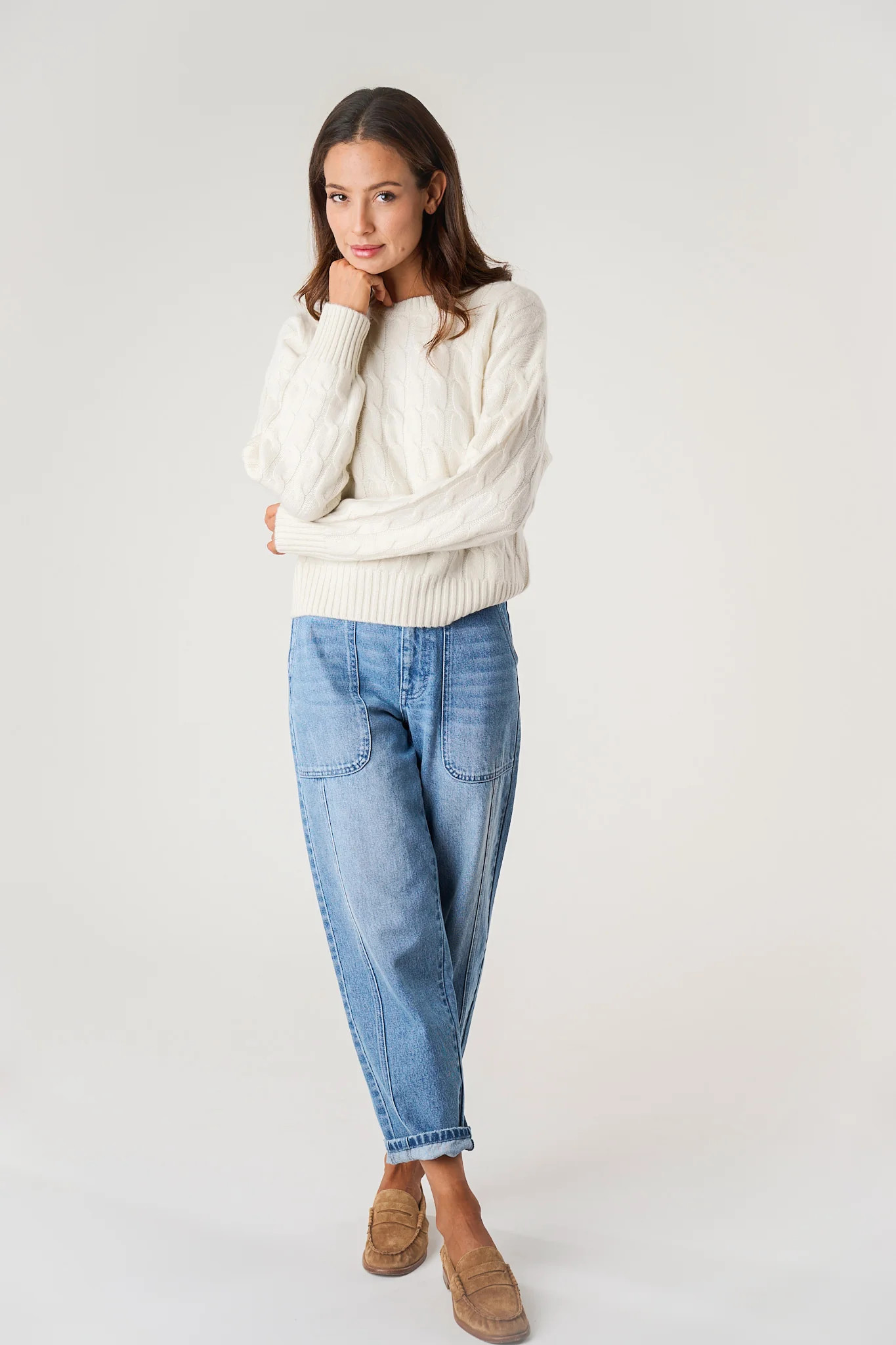 Slouchy Cable Knit Cashmere Sweater - Ivory | Marea