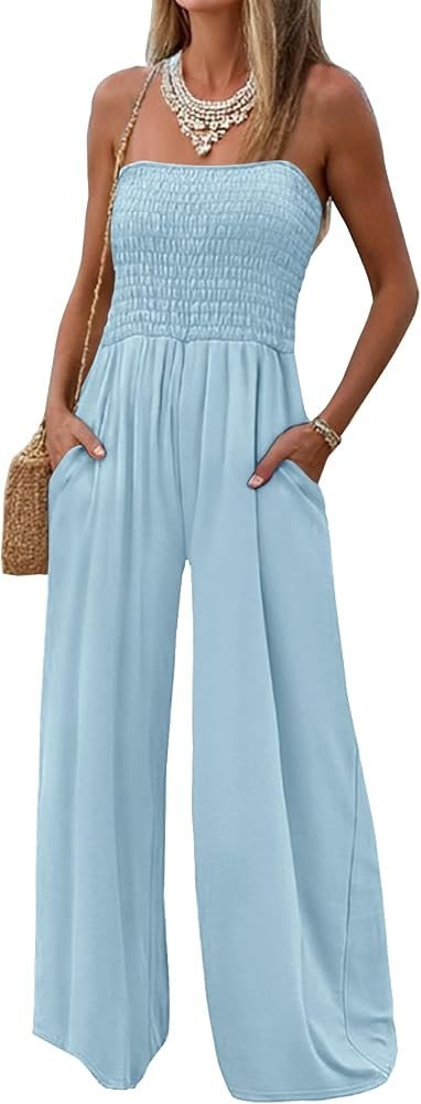 AUXDIO Womens Casual Strapless Summer Jumpsuits Loose Off Shoulder Smocked Sleeveless Wide Leg Ro... | Amazon (US)