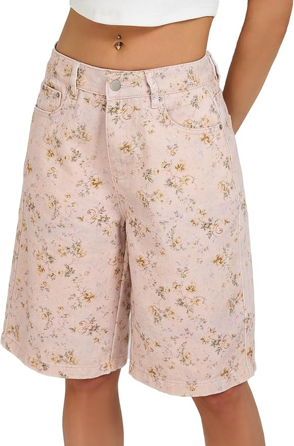 Floral Jeans Bermuda Shorts for Women Pink Mid Length Wide Leg Denim Long Shorts Boho Summer Jort... | Amazon (US)