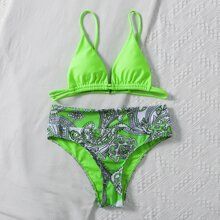 Neon Green Tribal Triangle High Waisted Bikini Swimsuit | SHEIN