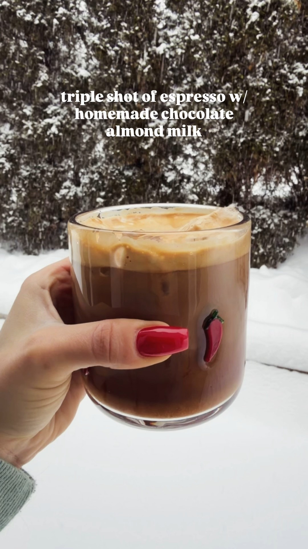 A triple shot kind of morning, especially in this snow storm☕️
My chefman has been fueling me with espresso for 3 years now & I swear it never disappoints!
I brew it hot, ice it down, & finish with homemade chocolate almond milk thanks to my juicer/milk maker. A total game changer!!
I’m usually not an almond milk girl, but when you make it yourself? Whole new level.
Also fully obsessed with these chili pepper glasses 🌶️ They are perfect for hot or iced drinks & way too cute not to share!

#LTKfoodie #LTKHome #LTKmorningroutine
