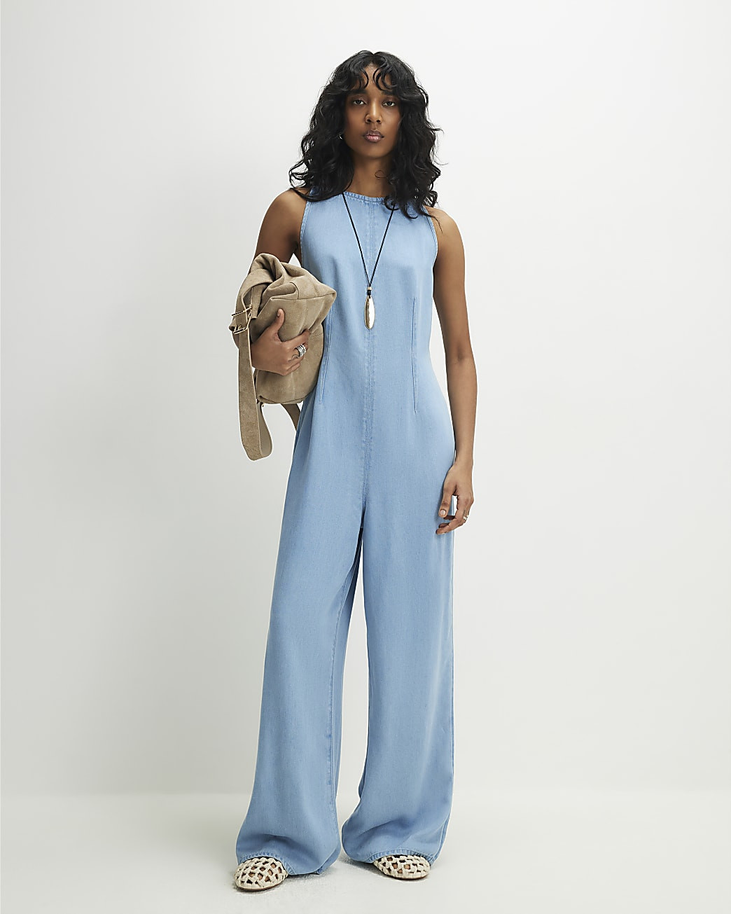 Blue Denim Wide Leg Jumpsuit | River Island UK & IE