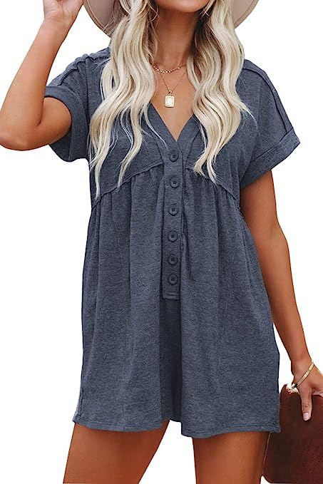 ReachMe Womens Short Sleeve Summer Rompers Casual Loose Fit V Neck Jumpsuits Sexy Belted Short Ro... | Amazon (US)