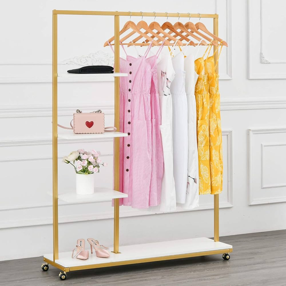 BOSURU Rolling Gold Clothing Racks on Wheels with Metal Pipes Modern Floor Standing Clothes Displ... | Amazon (US)