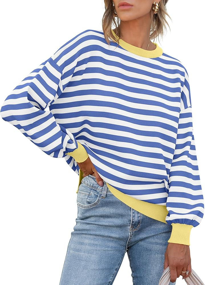 ANRABESS Womens Oversized Striped Sweaters Long Sleeve Crewneck Casual Side Slit Pullover Shirts ... | Amazon (US)
