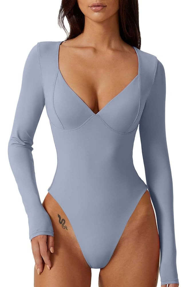 QINSEN Women's Long Sleeve Bodysuit V Neck Body Suits Seamed Cup Going Out Tops Shirt | Amazon (US)