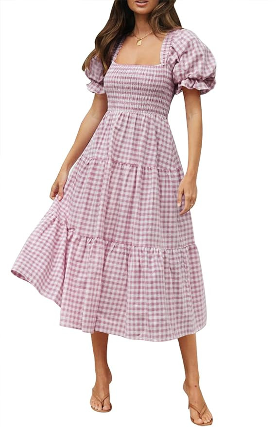 ZESICA Women's 2026 Bohemian Summer Plaid Square Neck Puff Sleeve Ruffle Flowy Beach Midi Dress | Amazon (US)
