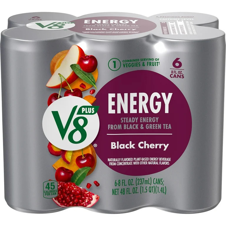 V8 +Energy Black Cherry Juice Energy Drink, 8 fl oz Can, 6 Count | Walmart (US)