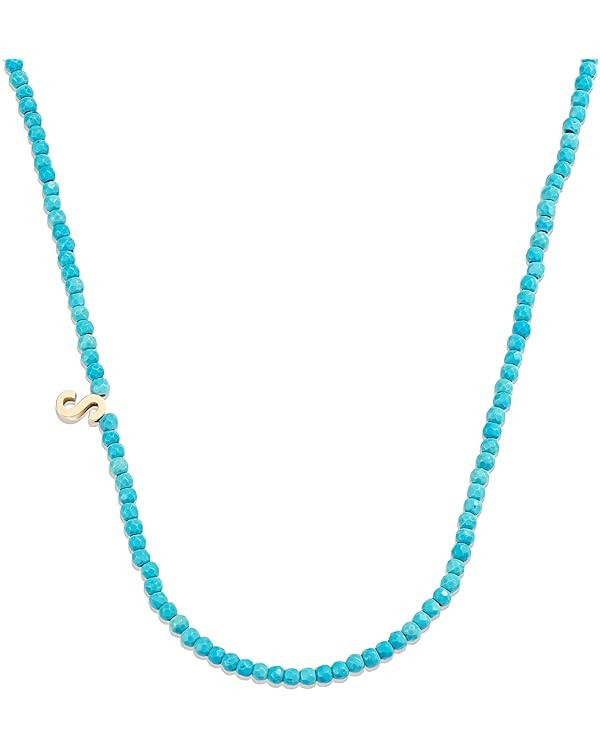 Dainty Turquoise Beaded Initial Asymmetrical Necklace, 18K Gold Plated Stainless Steel Letter Nec... | Amazon (US)