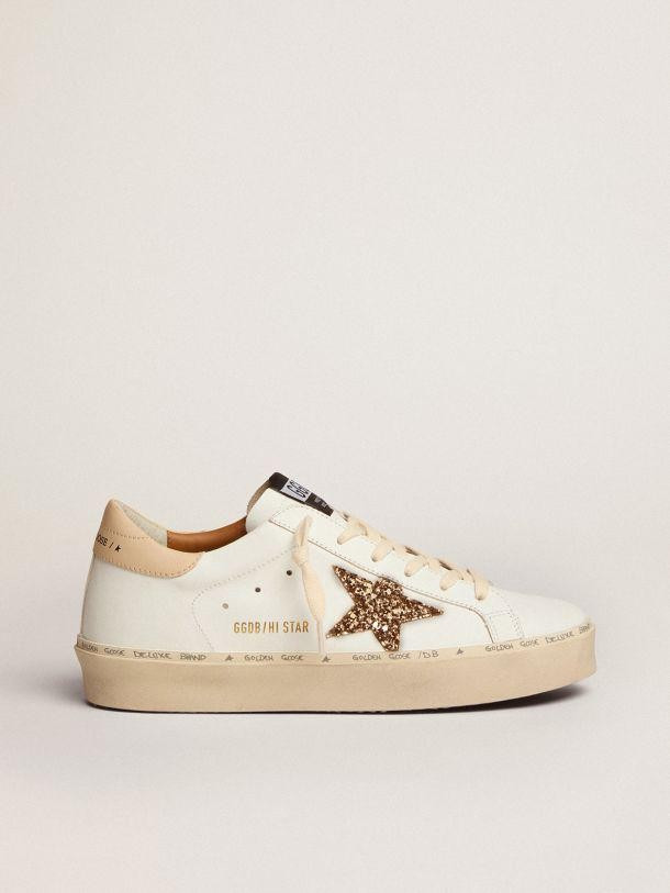Golden Goose Hi Star Sneakers With Gold Glitter Star And Beige Leather Heel Tab | THE YES | THE YES