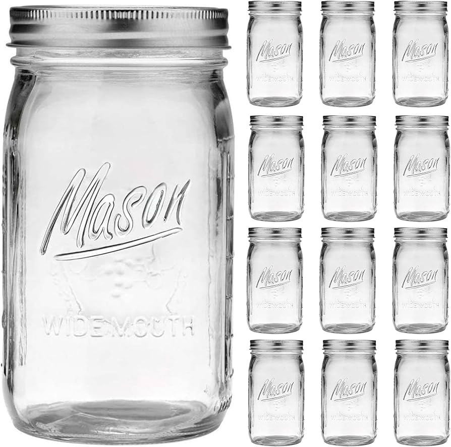 Wide Mouth Mason Jars - 32 oz, 12 Pack Large Glass Jars with Airtight Lids, 1 Quart for Pickling,... | Amazon (US)