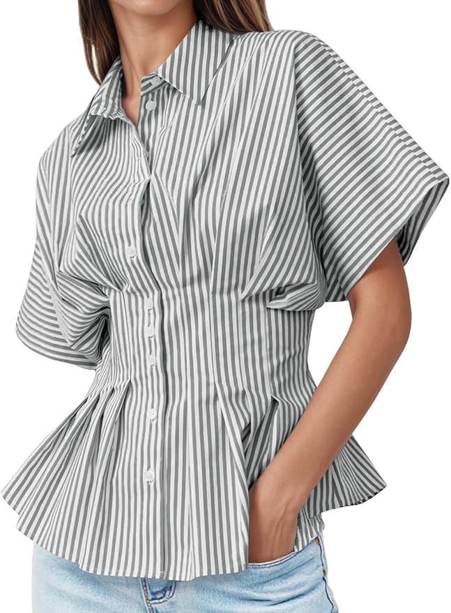 Tankaneo Womens Striped Peplum Button Down Shirts Short Sleeve Pleated Tops Summer Business Casua... | Amazon (US)