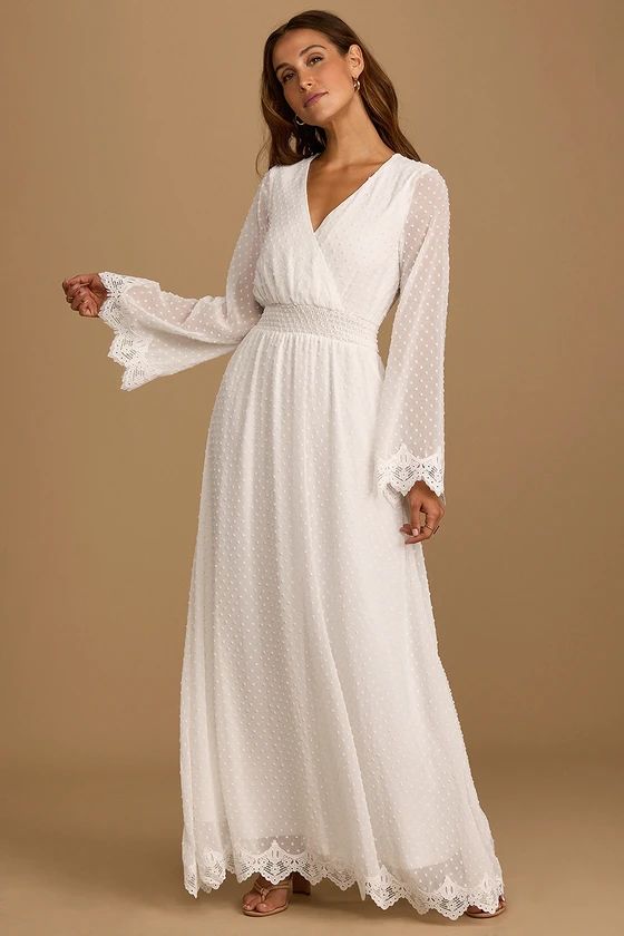 New Romantic White Swiss Dot Lace Long Sleeve Maxi Dress | Lulus (US)
