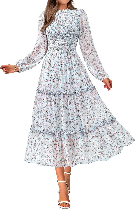 Women Fall Dress 2026 Long Sleeve Wedding Guest Maxi Dresses | Floral,Crew Neck, Smocked,Ruffle,F... | Amazon (US)