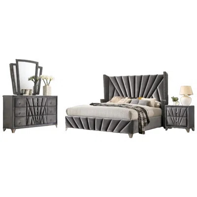 Ino 4Pc Queen Bedroom Set With Wingback Headboard, Gray Upholstery | Wayfair North America