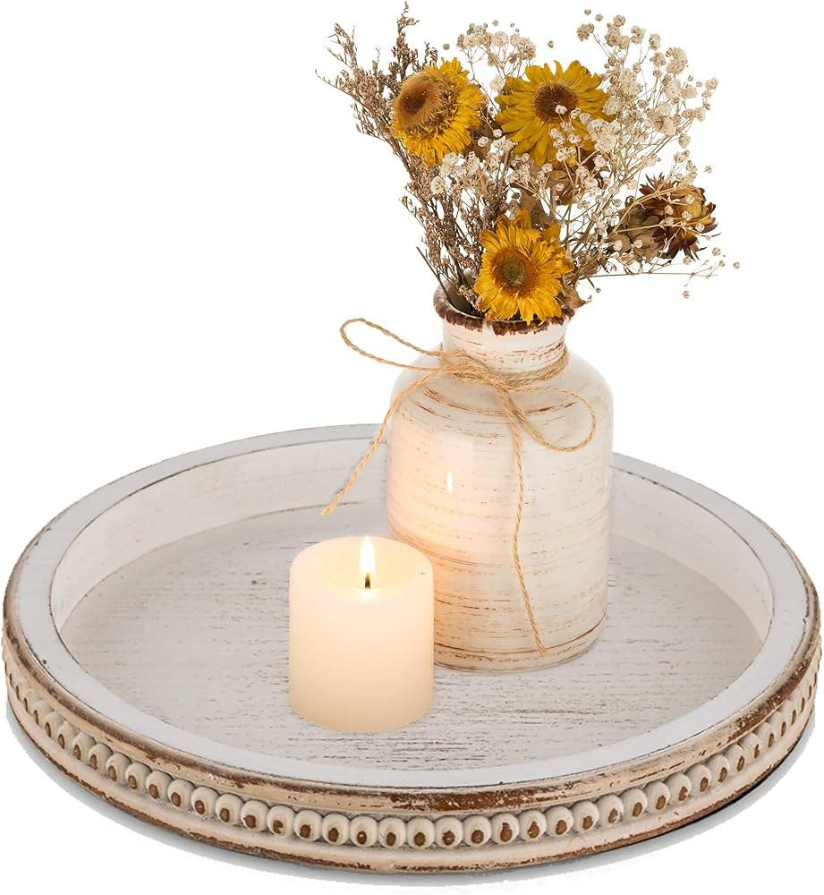 Farmhouse Wood Tray Decor Candle Holder - Romadedi Bead Round Wooden Decorative Tray for Coffee T... | Amazon (CA)