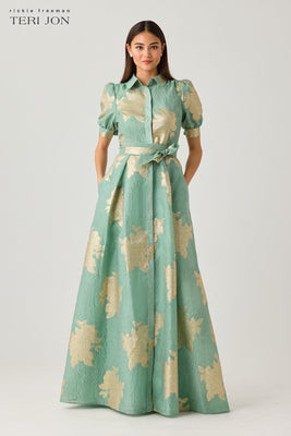 Metallic Jacquard Puff Sleeve Shirt Waist Gown | TERI JON